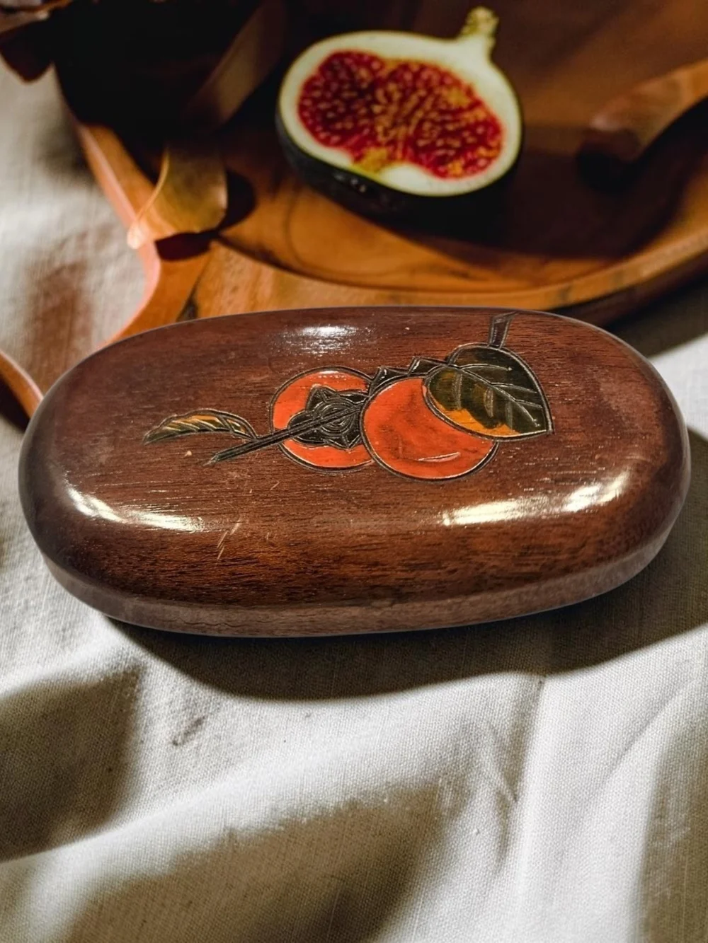 Handcrafted Wooden Oval Trinket Box with Inlaid Fruit Motif